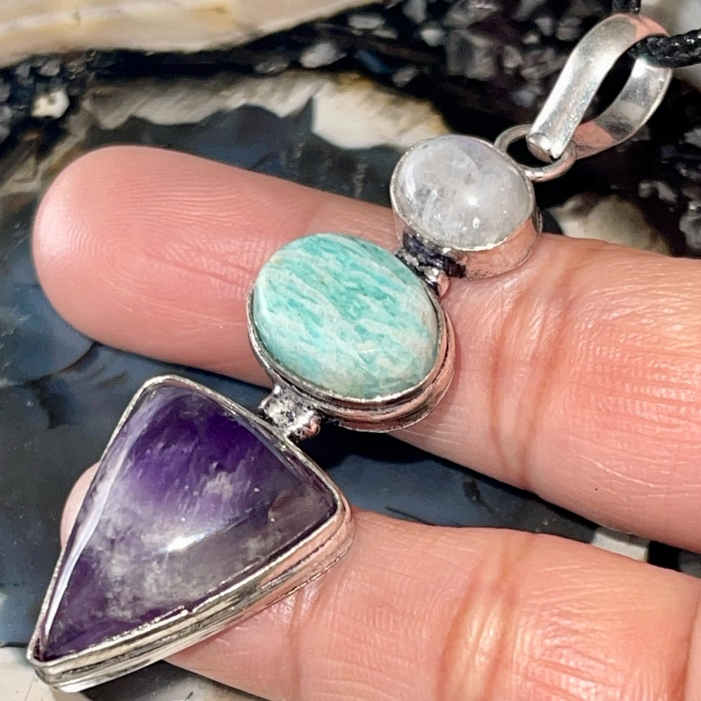 Petite Crystal Pairing of Amethyst, Moonstone & Amazonite Pendant 2”